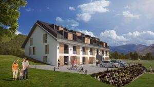 un rendu d'une maison avec des gens debout à l'extérieur dans l'établissement Apartmány Sport Dolní Morava, à Dolní Morava