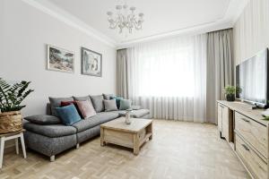 a living room with a couch and a tv at Ausekla Deluxe Apartment in Riga