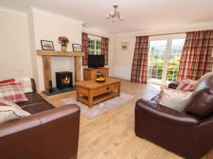 a living room with a couch and a fireplace at Pen Y Maes in Builth Wells
