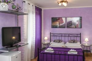 - une chambre violette avec un lit et une télévision dans l'établissement B&B Villa Sophie, à Assise