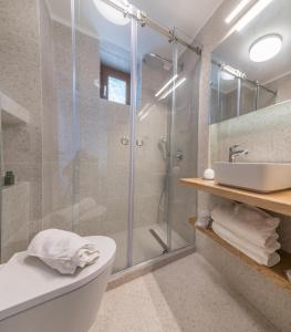 a bathroom with a shower and a toilet and a sink at Villa Julia in Zakynthos Town