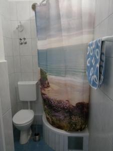 a bathroom with a toilet and a shower curtain at Studio Apartment in Rogoznica