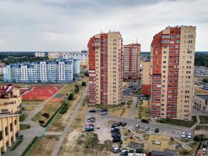 an aerial view of a city with tall buildings at Apartment on Morozova in Brest