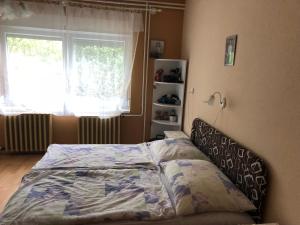 a bedroom with a bed in front of a window at Liget nyaralóház in Balatonföldvár