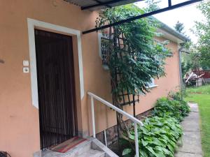 a door to a house with a plant next to it at Liget nyaralóház in Balatonföldvár