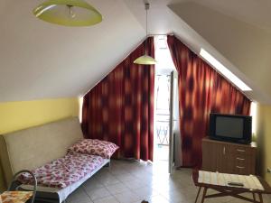 a living room with a couch and a tv at Liget apartman in Balatonföldvár