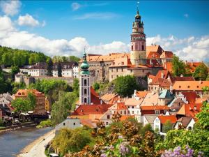 A general view of Český Krumlov or a view of the city taken from a vendégházakat