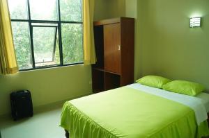 Dormitorio verde con cama y ventana en Tahuari Hotel, en Pucallpa