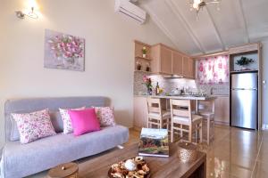 a living room with a couch and a kitchen at Mazis Apartments in Agios Gordios