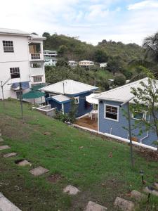 a blue house next to a white house at Cosy Hut 2 in Saint Georgeʼs