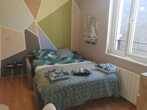 een slaapkamer met een bed en twee kussens erop bij COCOON BERCKOIS 250M DE LA PLAGE + WIFI + PARKING PUBLIC in Berck-sur-Mer