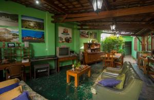 a living room with green walls and couches and a tv at Águas do Pantanal Inn Pousada in Miranda