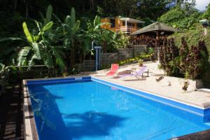 a swimming pool with two chairs and an umbrella at Domaine de Valcine in Sainte-Rose