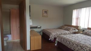 Una cama o camas en una habitación de Alpine Motel in heart of Wisconsin Dells downtown.