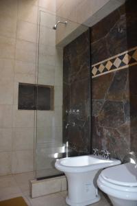 a bathroom with a shower and a toilet and a sink at Hotel Refugio Del Sol in La Quiaca