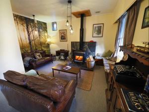 a living room with a couch and a wood stove at The Ferry Bed & Breakfast in Queenstown