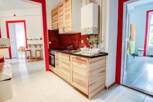 a kitchen with wooden cabinets and a red wall at Pal's Mini Hostel in Budapest