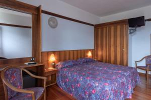 Schlafzimmer mit einem Bett, einem Schreibtisch und einem Stuhl in der Unterkunft Park Hotel Oasi in Garda