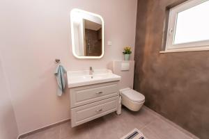 La salle de bains est pourvue d'un lavabo, de toilettes et d'un miroir. dans l'établissement 24 Punta, à Sukošan
