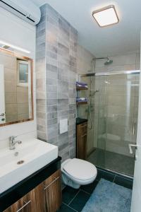 La salle de bains est pourvue de toilettes, d'un lavabo et d'une douche. dans l'établissement Apartment Ella, à Čapljina