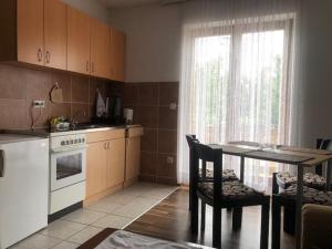 a kitchen with a table and a stove and a window at Apartman NINA in Ličko Petrovo Selo