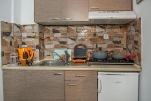 a kitchen with a sink and a stove top oven at Aelia Studios in Koukounaries
