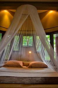 ein Himmelbett mit Vorhängen und Kissen im Schlafzimmer in der Unterkunft Tingala Lodge - Bed in the Bush in Phalaborwa