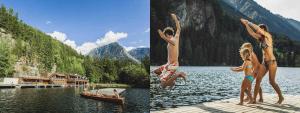 two pictures of people jumping into a lake at Landhaus Edelweiss in Oetz