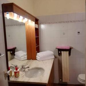 een badkamer met een wastafel, een spiegel en een toilet bij B&B L'Isola di Casa in Brembate