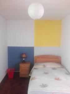a bedroom with a bed and a yellow and blue wall at Hostal Isidoros in La Paz