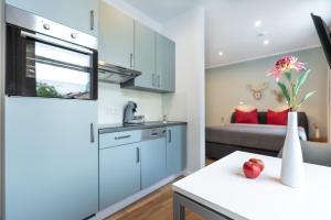 eine Küche und ein Wohnzimmer mit blauen Schränken und einem Sofa in der Unterkunft Freiburg Apartments Friedrichring in Freiburg im Breisgau
