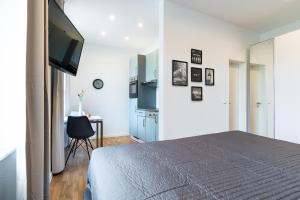 Schlafzimmer mit einem Bett, einem TV und einem Schreibtisch in der Unterkunft Freiburg Apartments Friedrichring in Freiburg im Breisgau