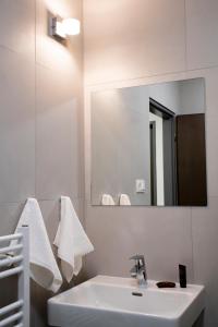 W białej łazience znajduje się umywalka i lustro. w obiekcie Penzion Šafrán w Jesioniku