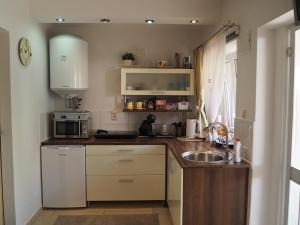 a small kitchen with a sink and a microwave at Penzion Pohoda in Lednice