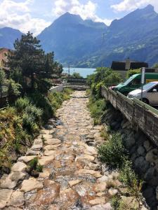 a stone path with a mountain in the background at Hotel Sternen in Sisikon