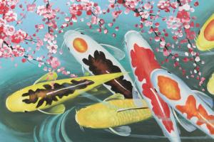a painting of kites in the water with flowers at Stay SAKURA Kyoto Nijo Rikyu in Kyoto