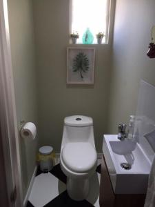 a bathroom with a white toilet and a sink at Casa Linden in Valdivia
