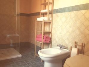 a bathroom with a toilet and a sink and a shower at La Casetta in Fiera (Fiera di Roma) in Casale Malnome