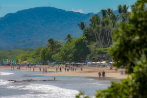 un grupo de personas en una playa con palmeras en Casa del Sol en Tamarindo