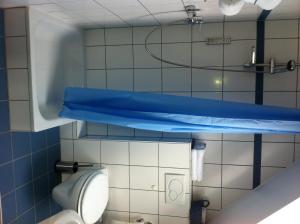 ein Badezimmer mit einem WC und einem blauen Regal in der Unterkunft Hotel Appart in Osnabrück