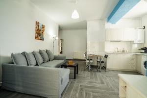 sala de estar con sofá y cocina en Nikos Apartment Papaya Beach, en Mamaia Nord – Năvodari