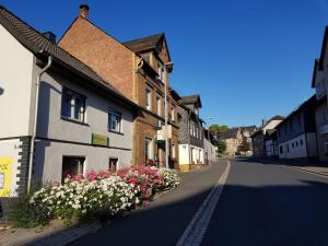 an empty street in a small town with flowers at Boxis Ferienhaus in Probstzella