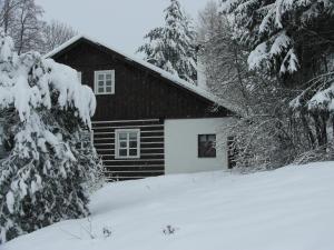 una cabina nella neve con alberi innevati di Penzion Olesnice a Zlatá Olešnice