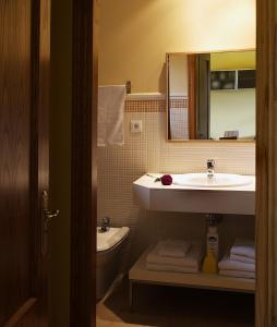 a bathroom with a sink and a toilet and a mirror at Apartamentos El Guindal in Tapia de Casariego