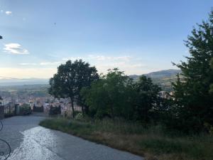 a river with trees and a city in the distance at La Casita Del Castañar in Béjar