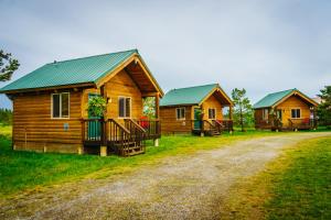 a row of wooden cabins on a field with a dirt road at River Lodge in Island Park