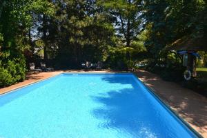a large blue swimming pool with trees in the background at Stratford Suburban Motel in Stratford