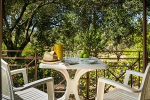 a white table and chairs on a patio with trees at Dendrolivano in Minia