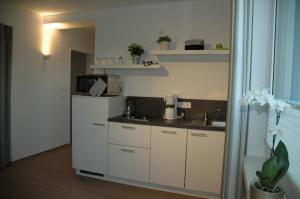 シュヴァルムシュテットにあるApartment am Apfelgartenの小さなキッチン(白いキャビネット、シンク付)
