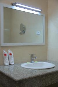 Haile Resort Arbaminch في Migie: منضدة الحمام مع الحوض والمرآة